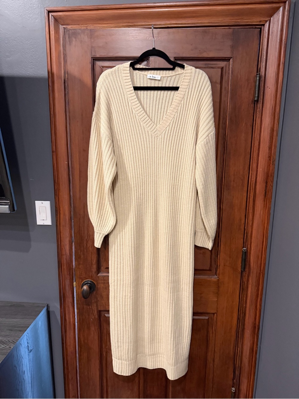 In Bloom Cream Ribbed V‑Neck Knit Midi Dress